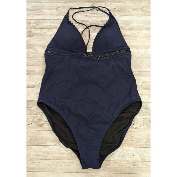 J.Crew Womens Size 14 Navy Removable Pads Halter Tank One Piece Swim Suit - Picture 1 of 9